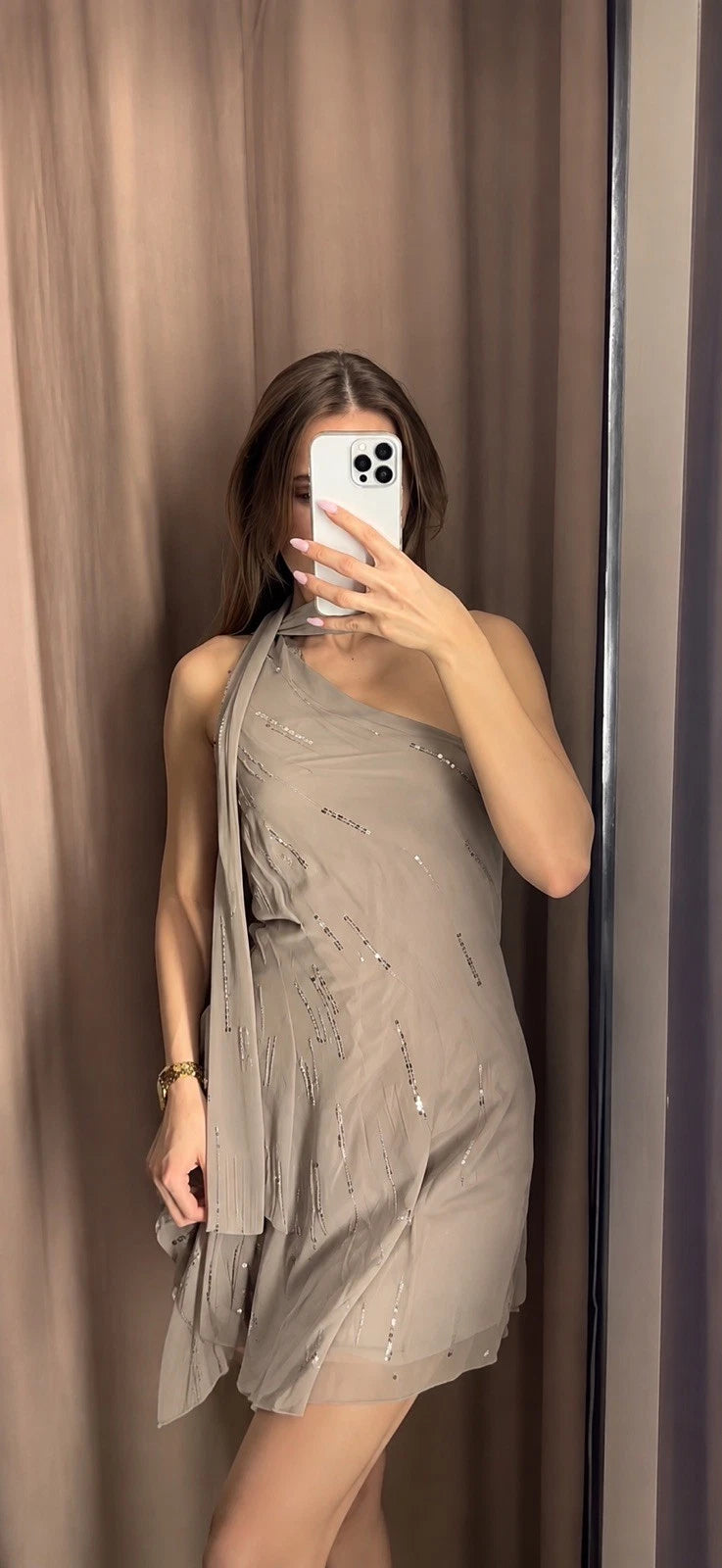 ZARA Sequin Chiffon One Shoulder Scarf Neck Dress Taupe Size M NWT