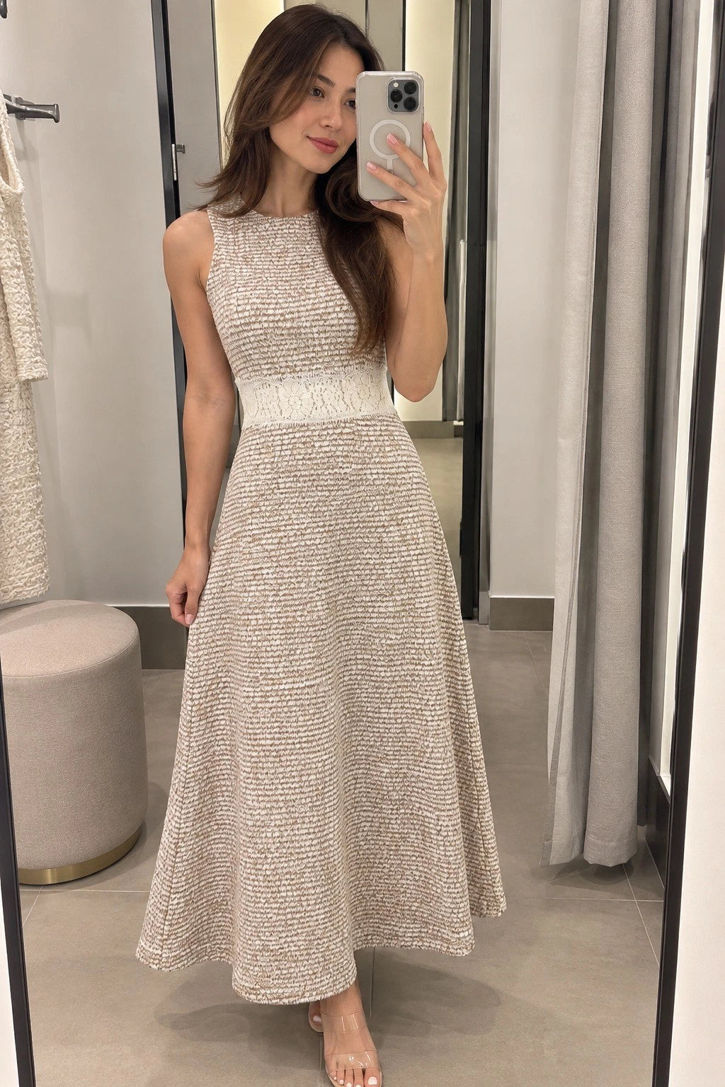 ZARA Beige White Textured Knit Lace Lined Midi Dress Sleeveless S