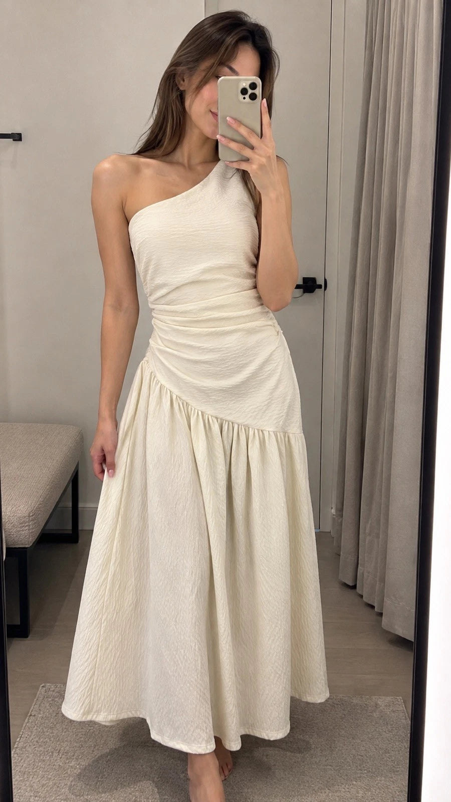 ZARA Cream One Shoulder Ruched Textured A-Line Midi Dress Size S/M NWT