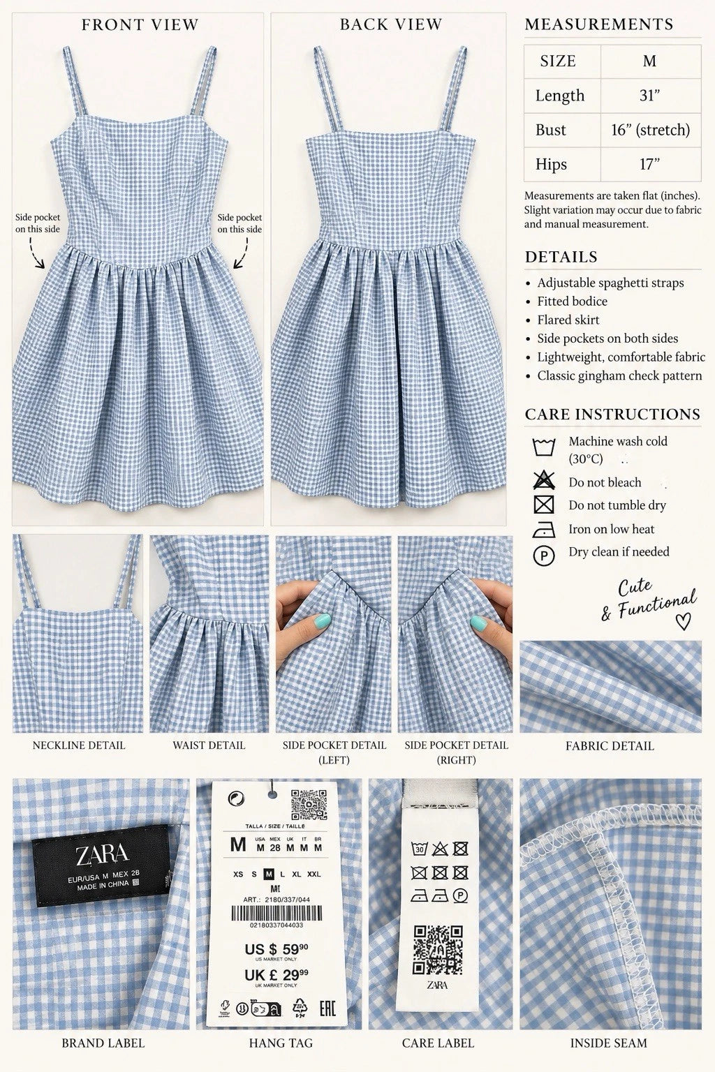 ZARA Blue White Gingham Square Neck Spaghetti Strap Mini Dress Size M