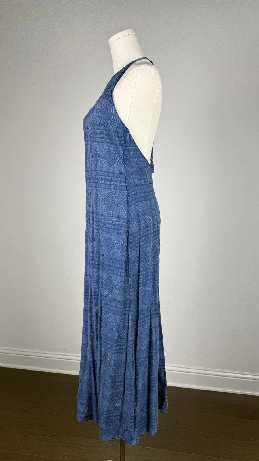 ZARA Blue Beaded Halter Maxi Dress XS Open Back Boho Embroidered Tassel