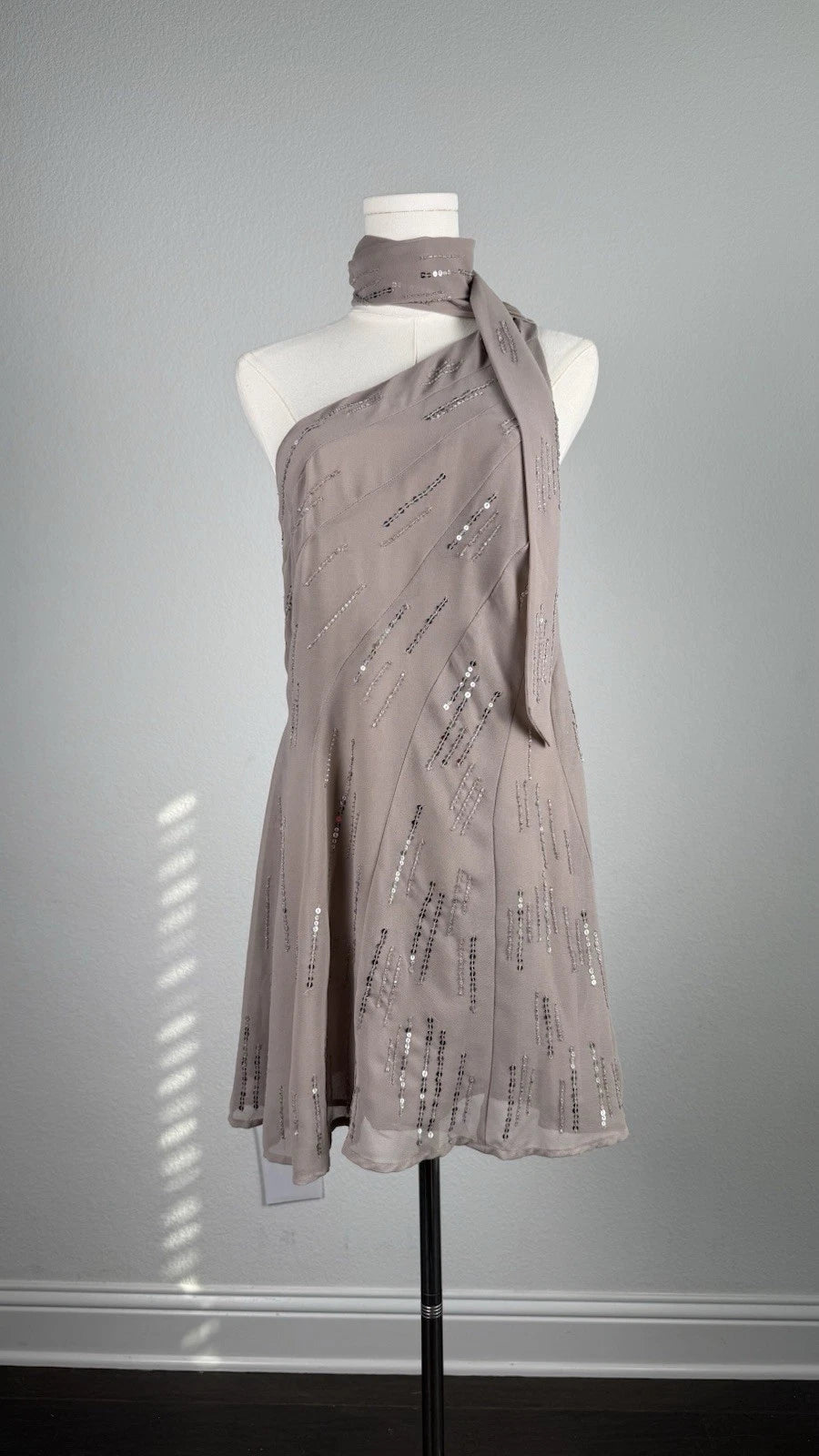 ZARA Sequin Chiffon One Shoulder Scarf Neck Dress Taupe Size M NWT
