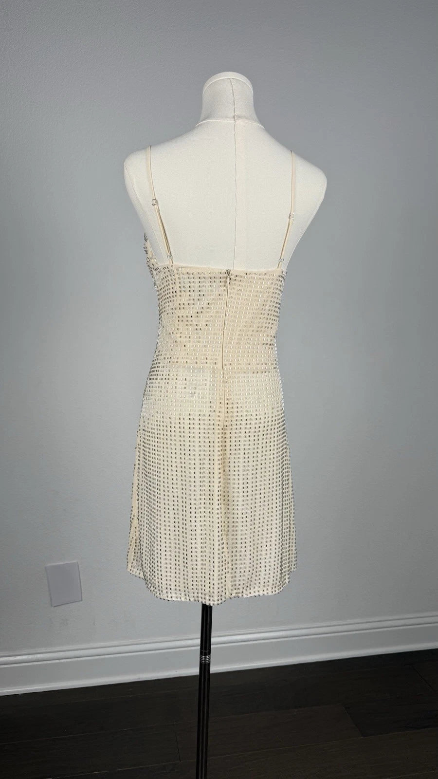 ZARA Beige Satin Beaded Lined Square Neck Adjustable Strap Mini Dress Size S