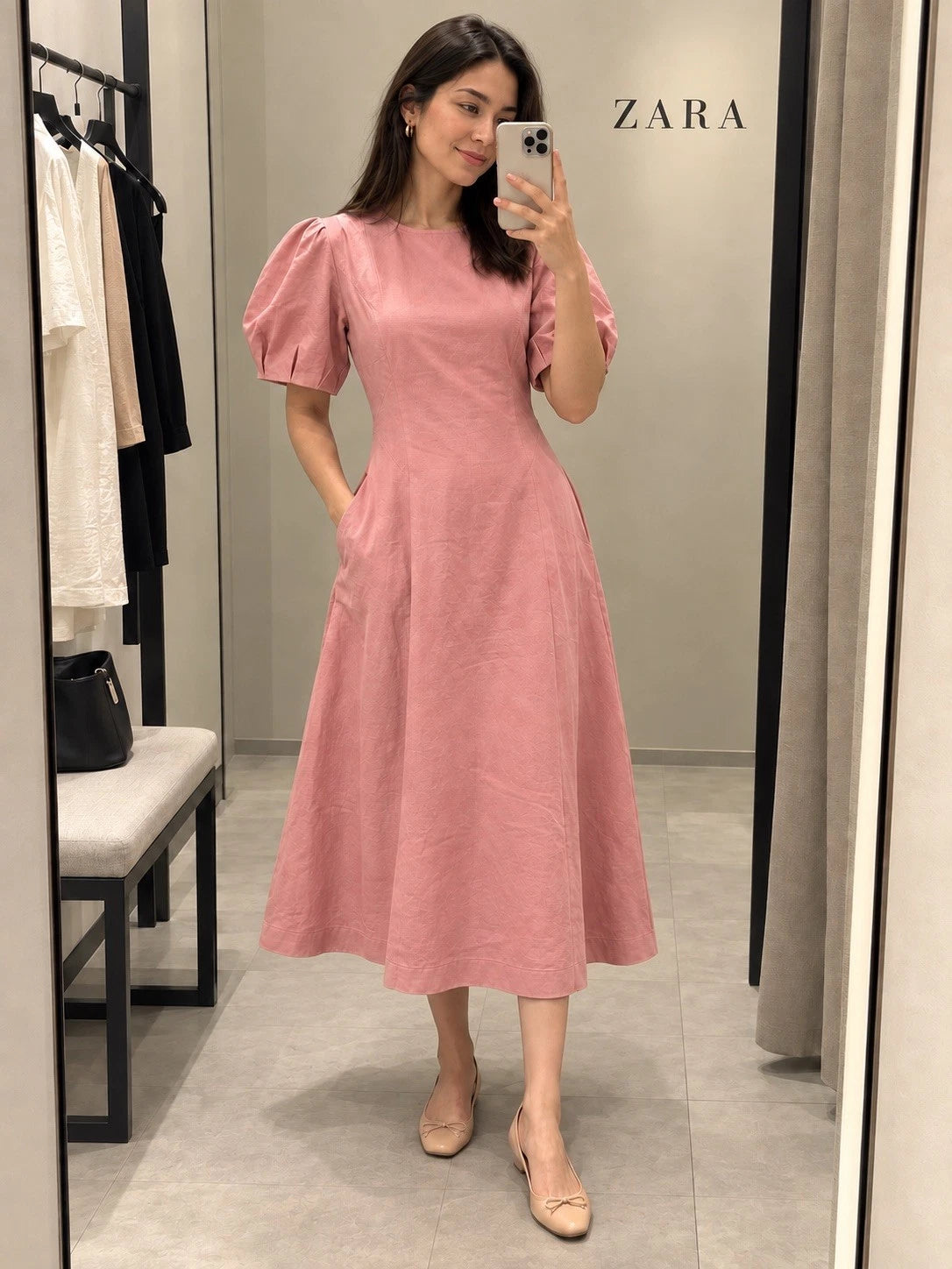 ZARA Pink Puff Sleeve Pleated A-Line Midi Dress Pockets Cotton Linen Size M