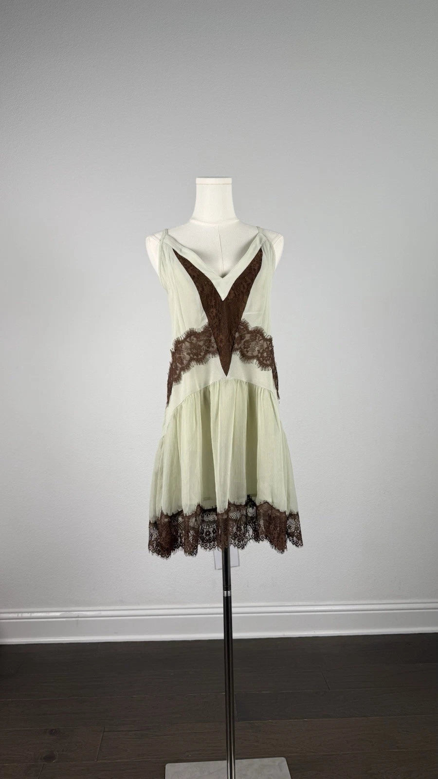ZARA Green Slip Mini Dress Brown Lace Trim V-Neck Adjustable Straps Size S