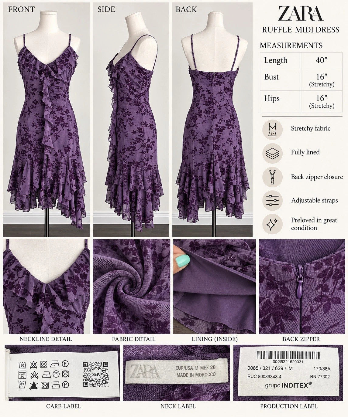 ZARA Purple Floral Ruffle Mesh Midi Dress V-Neck Lined Stretch Zip Size M