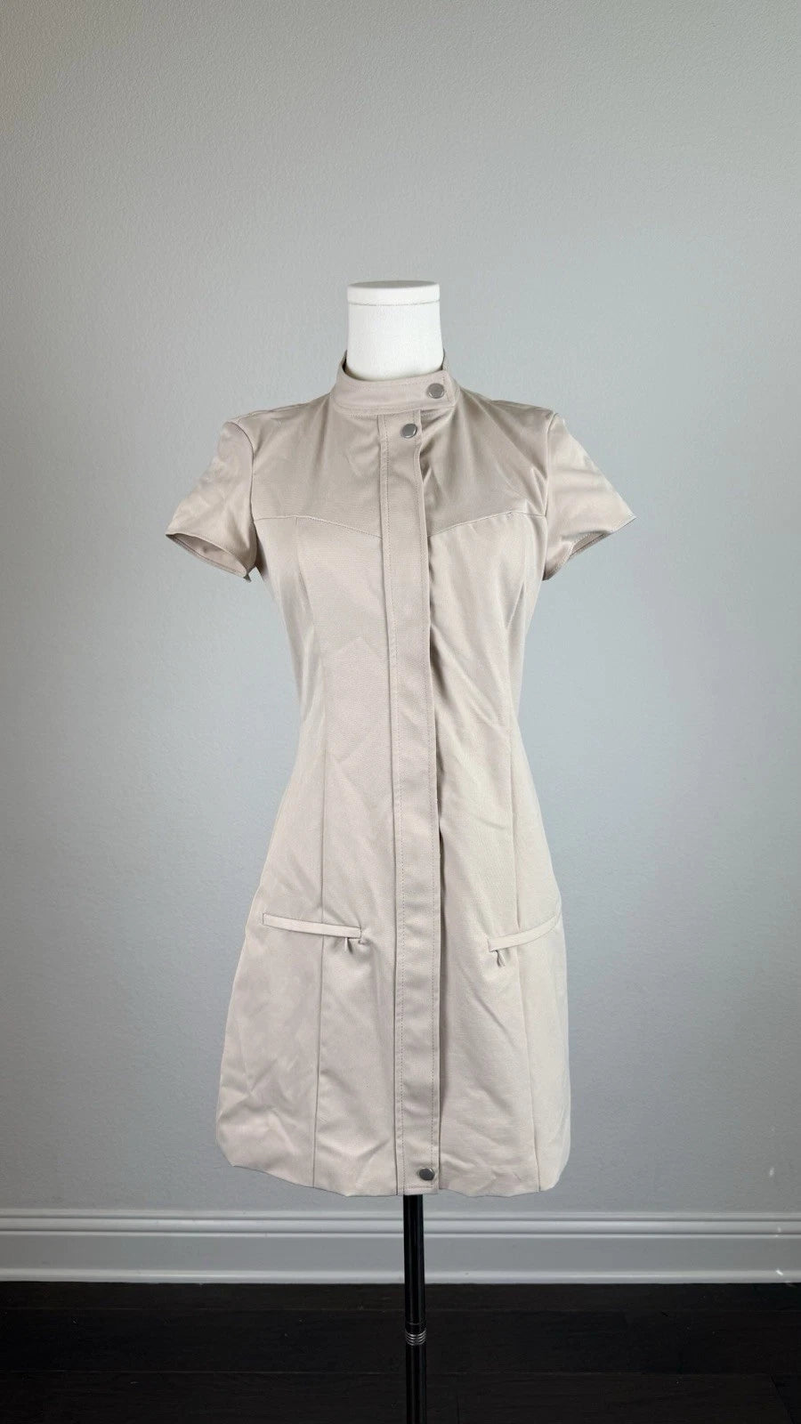 ZARA Women’s Beige Lined Collared Button Shirt Mini Dress Short Sleeve Size S