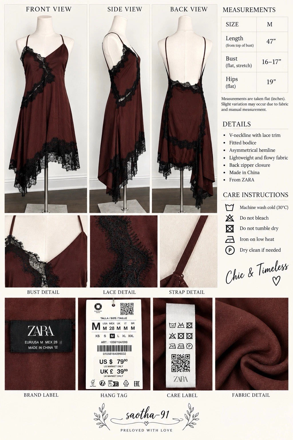 ZARA Women's Brown Solid Full Slip Dress Lace Accents Asymmetrical Hem M