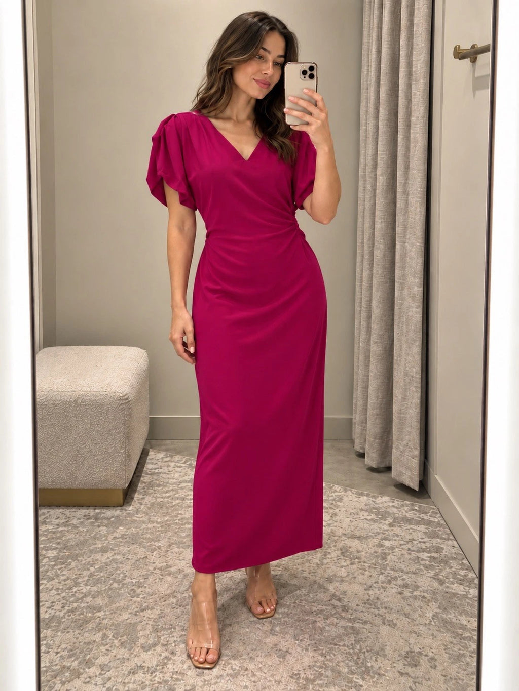 ZARA Pink V-Neck Puff Sleeve Sheath Long Dress XS Polyester 0387/053/940