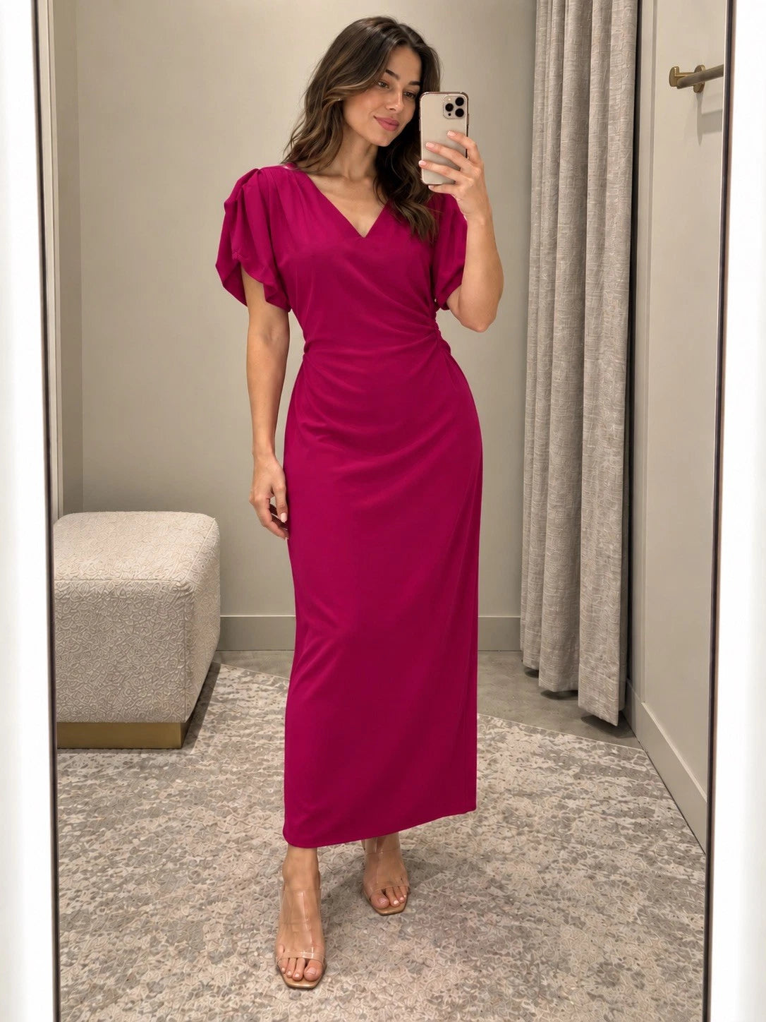 ZARA Pink V-Neck Puff Sleeve Sheath Long Dress XS Polyester 0387/053/940