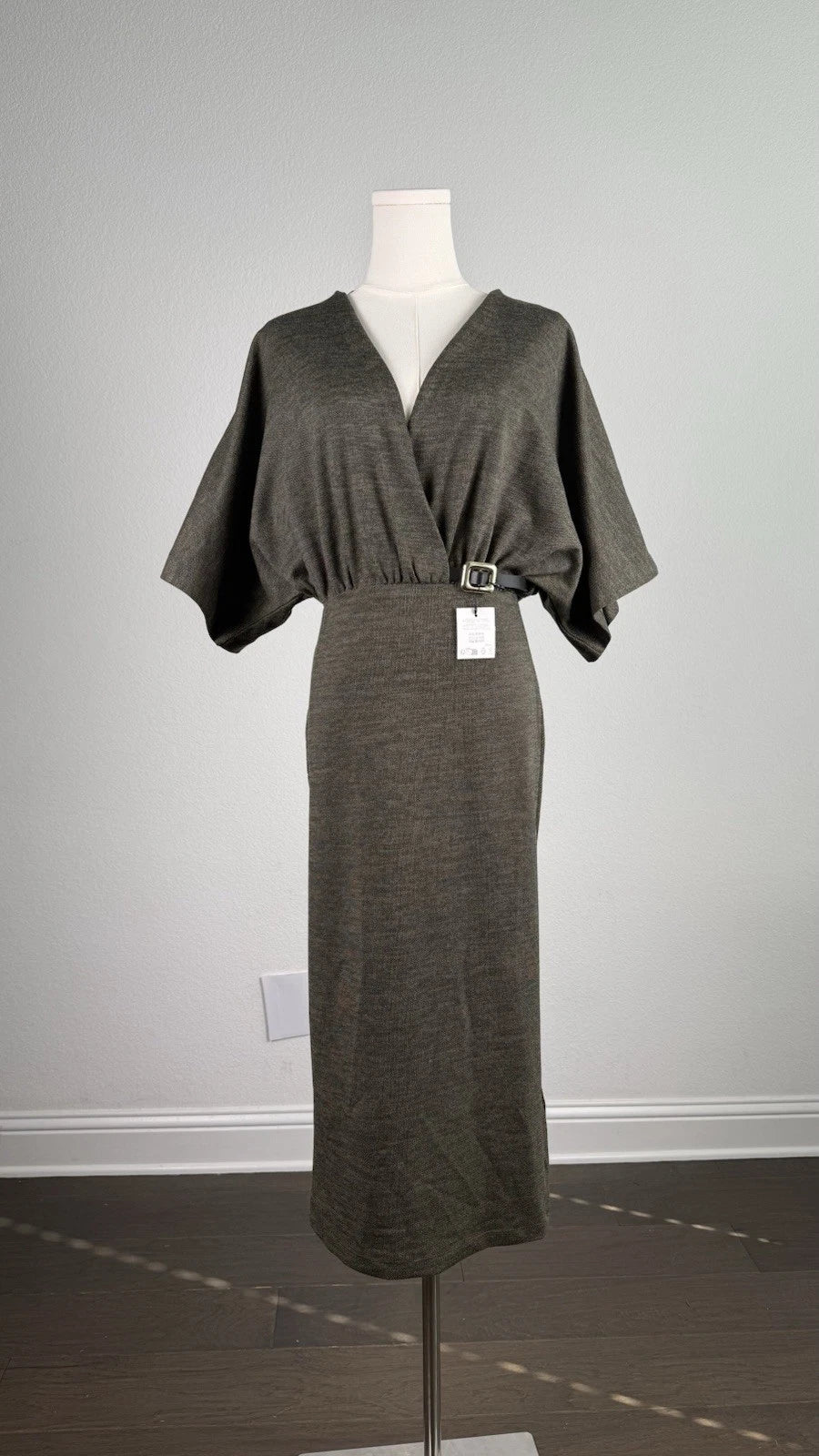 ZARA Green Knit V-Neck Belted Long Sheath Dress Stretch Size S