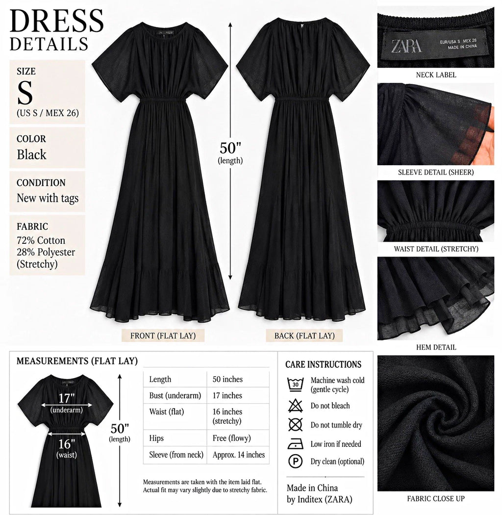 ZARA Women’s Black Sheer Ruffle Flutter Sleeve Maxi Dress Size S