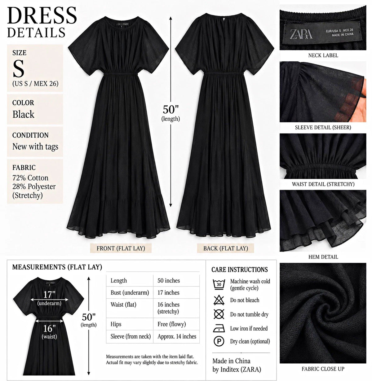 ZARA Women’s Black Sheer Ruffle Flutter Sleeve Maxi Dress Size S