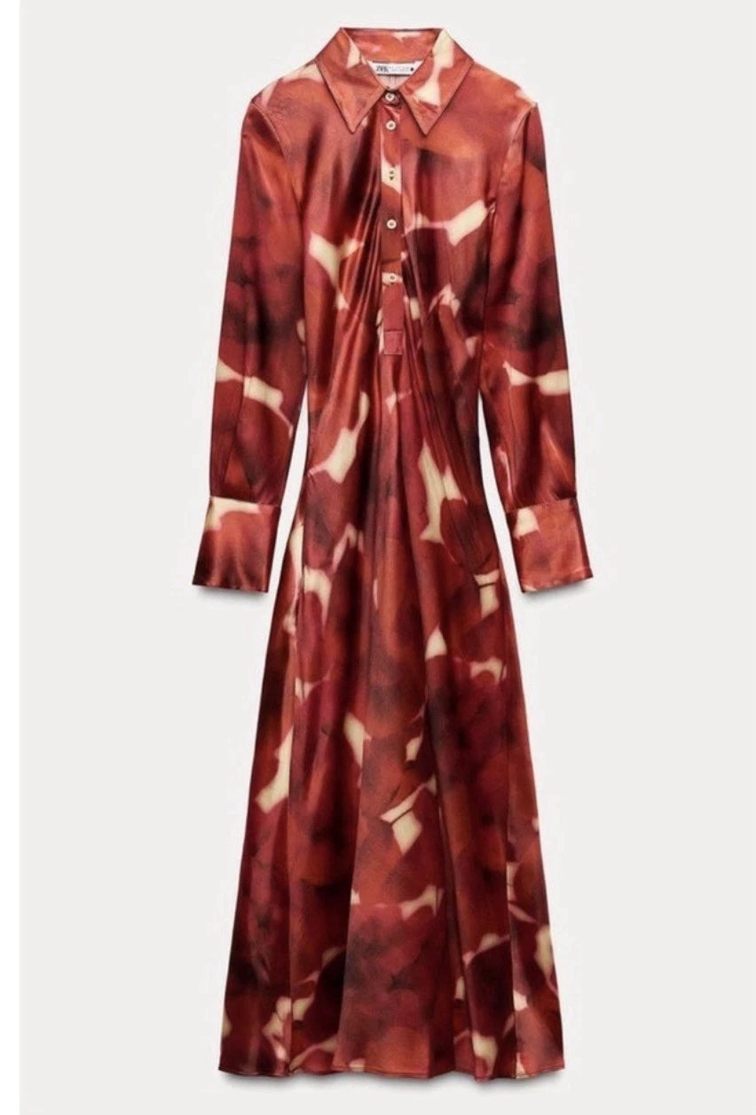 ZARA ZW Collection Red Printed Satin Midi Shirt Dress Size M NWT