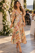 Women’s Floral V-Neck Puff Sleeve Midi Dress Woven Viscose Zip Ruffle Size S