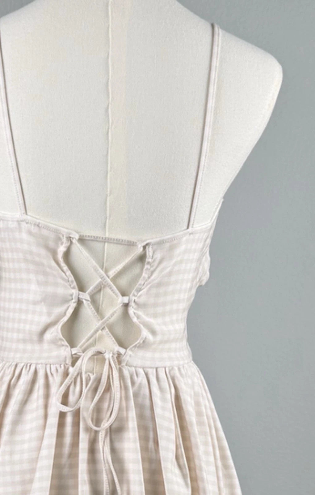 ZARA Beige Gingham Smocked Bubble Hem Mini Dress Lace-Up Back Size M