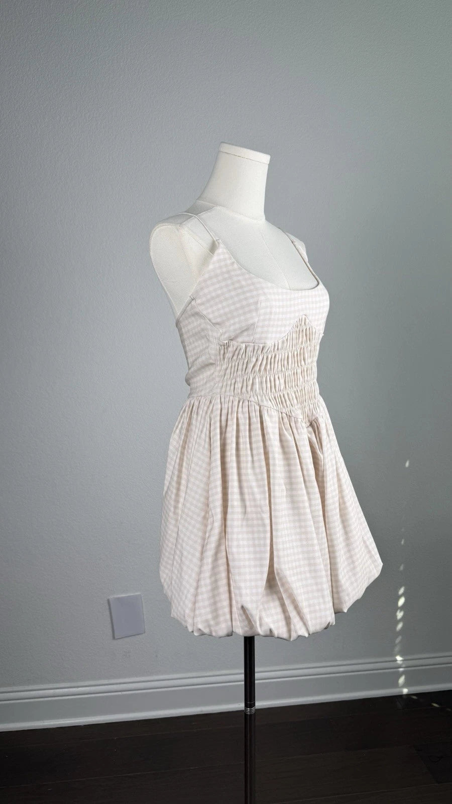 ZARA Beige Gingham Smocked Bubble Hem Mini Dress Lace-Up Back Size M