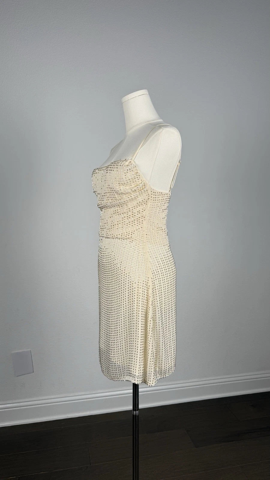 ZARA Beige Satin Beaded Lined Square Neck Adjustable Strap Mini Dress Size S