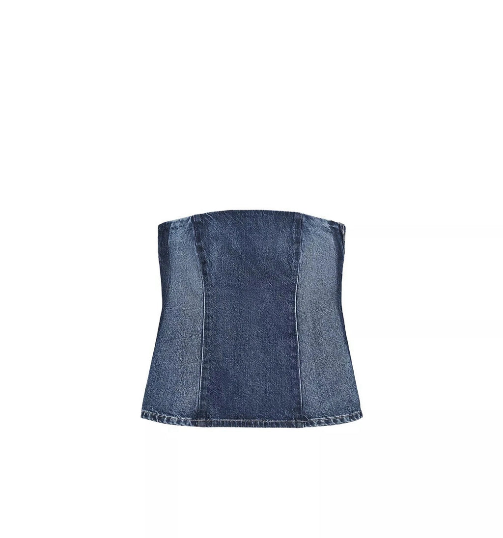 ZARA Women’s M Strapless Denim Corset Top Dark Blue NWT 5252/261/401