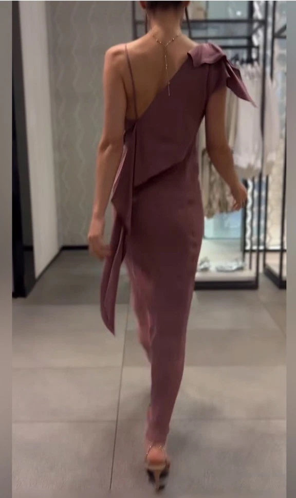 ZARA Women’s Mauve One-Shoulder Ruffle Satin Maxi Dress Open Back Size S&M