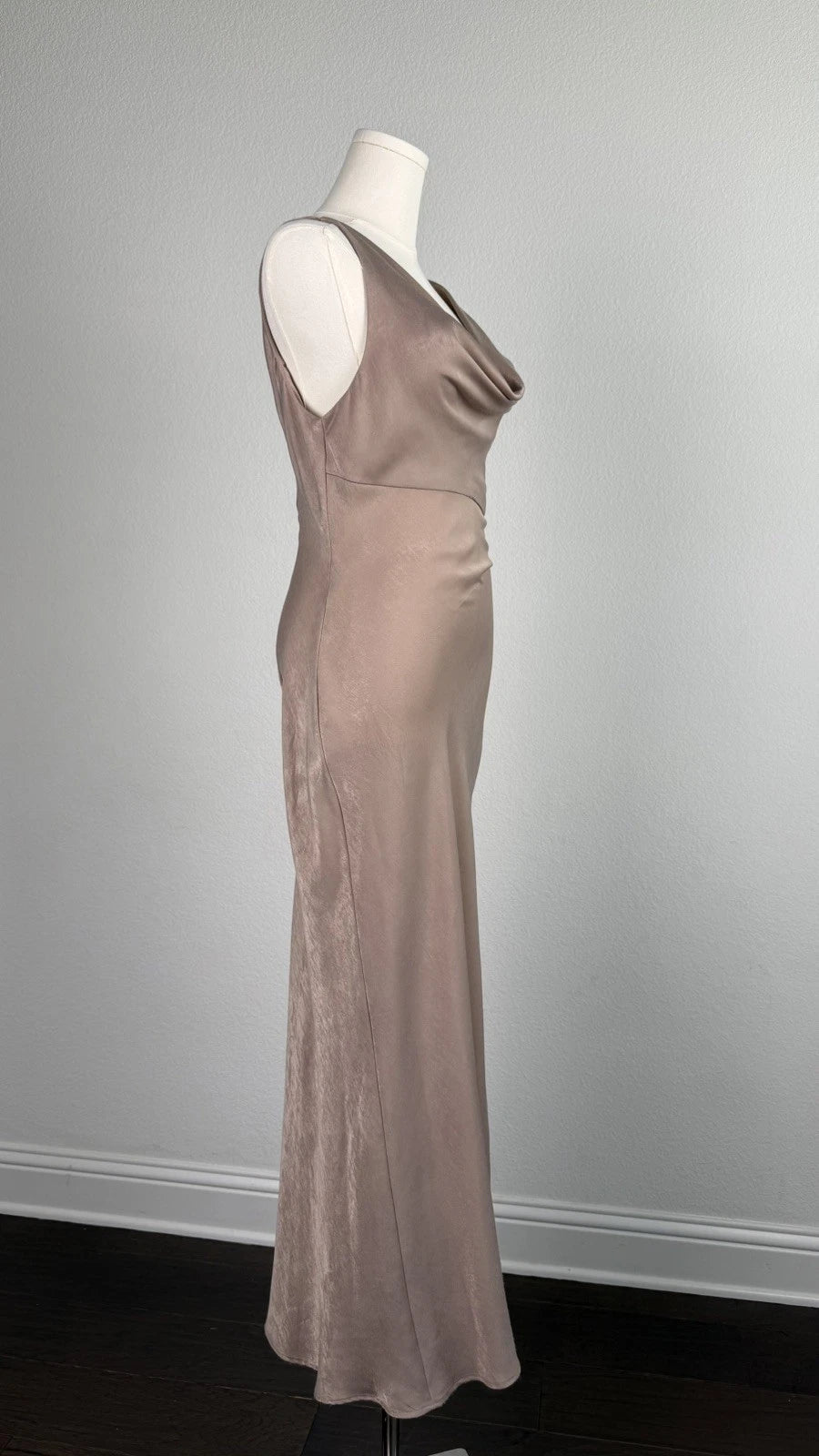 ZARA Draped Satin Midi Dress Size M Taupe Beige Cowl Neck Side Slit