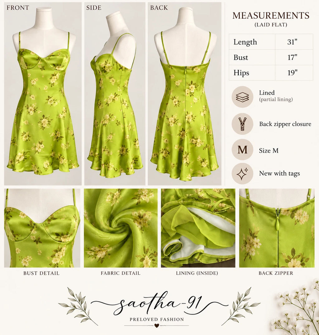 ZARA Green Floral Satin Slip Gown Dress M Sweetheart Neckline Lined Zip