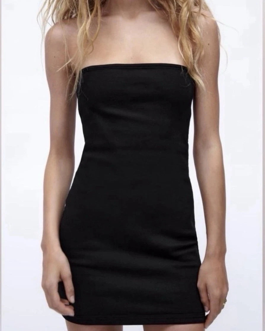 ZARA Black Strapless Bandeau Mini Dress Bodycon Fitted Size M