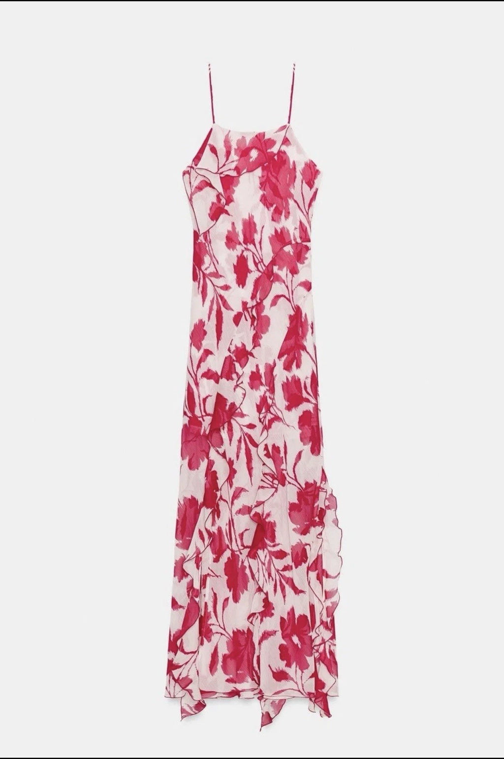 ZARA White Red Floral Chiffon Maxi Dress Square Neck Ruffle Back Tie Size S