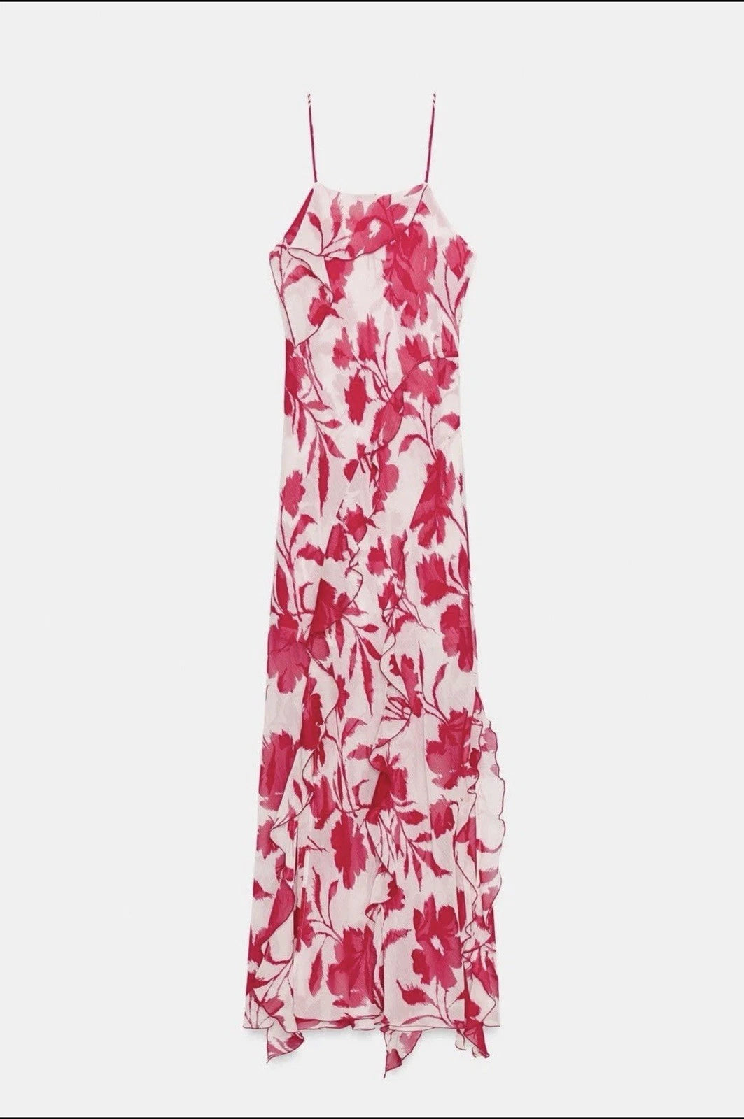 ZARA White Red Floral Chiffon Maxi Dress Square Neck Ruffle Back Tie Size S