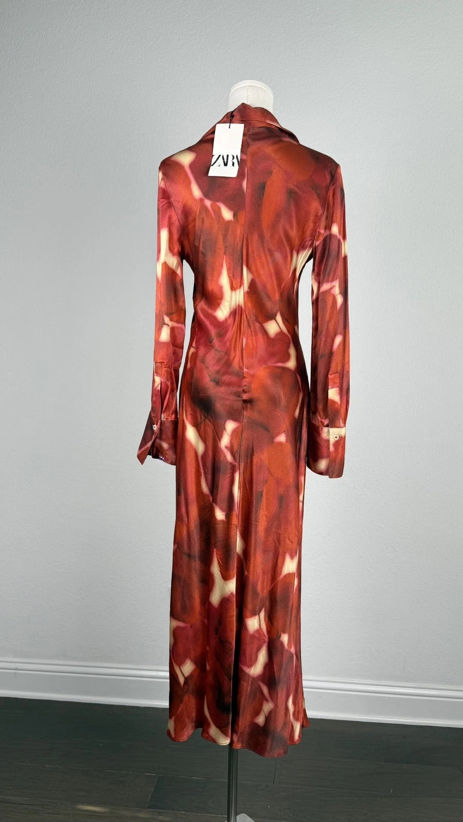 ZARA ZW Collection Red Printed Satin Midi Shirt Dress Size M NWT