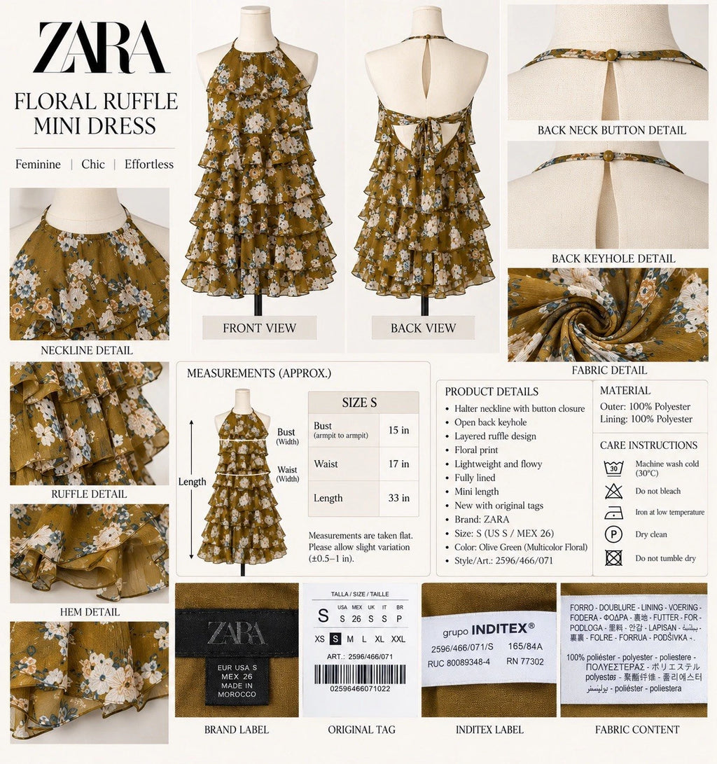 ZARA Floral Ruffle Layered Halter Open Back Lined Mini Dress Size S 2596/466/071
