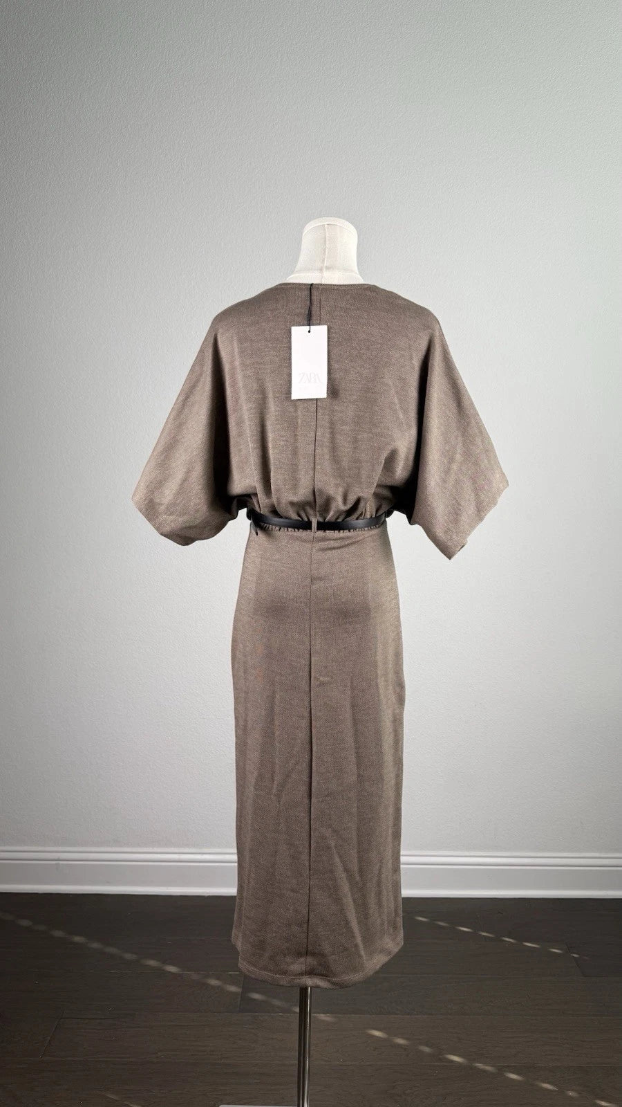 ZARA Beige Solid V-Neck Belted Buckle Kimono Short Sleeve Maxi Dress Size S