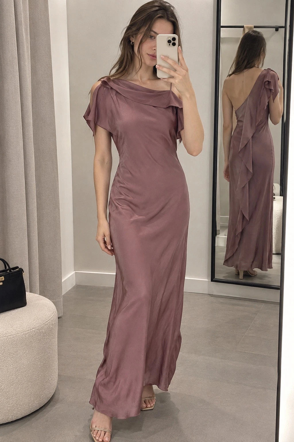 ZARA Women’s Mauve One-Shoulder Ruffle Satin Maxi Dress Open Back Size S&M
