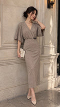 ZARA Beige Solid V-Neck Belted Buckle Kimono Short Sleeve Maxi Dress Size S