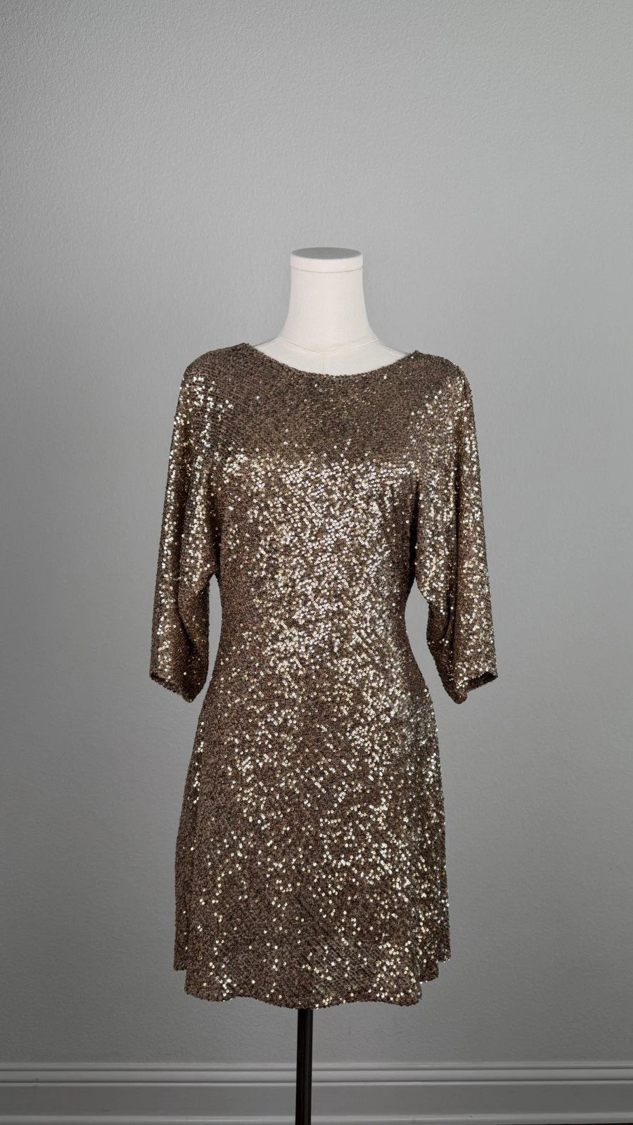 ZARA Women’s Gold Sequin Lined Open Back Mini Shift Dress 3/4 Sleeve Size L