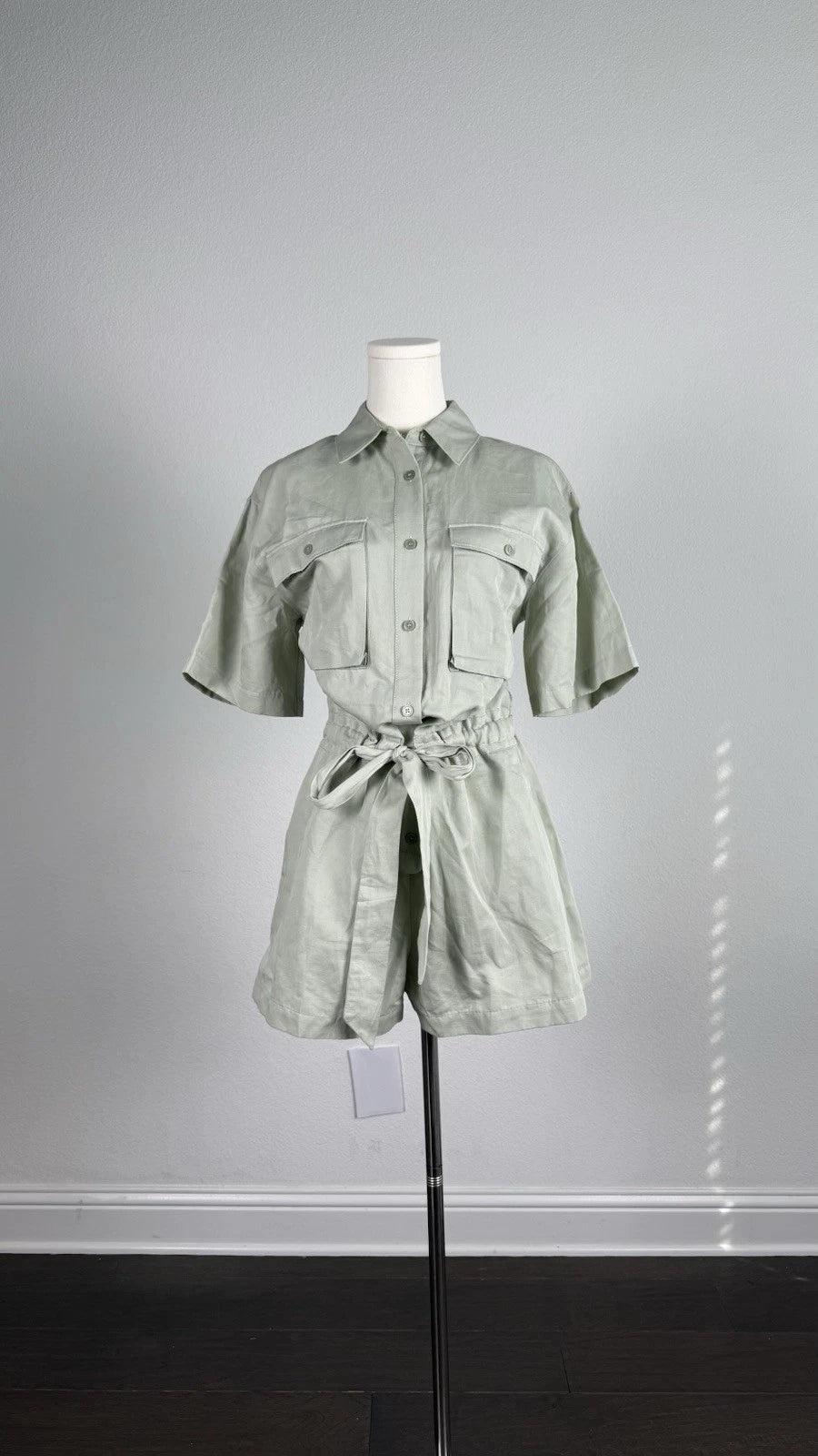 ZARA Women’s Green Solid Utility Romper Size S Collared Button Belted Pockets