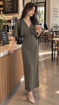 ZARA Green Knit V-Neck Belted Long Sheath Dress Stretch Size S
