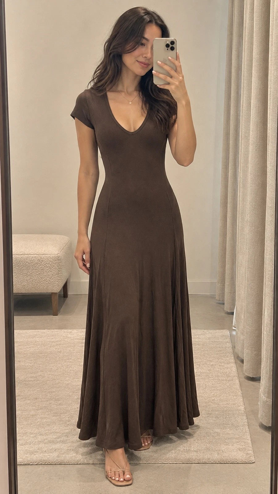 ZARA Brown Ribbed V-Neck Maxi Dress Short Sleeve Stretch Lightweight Size S