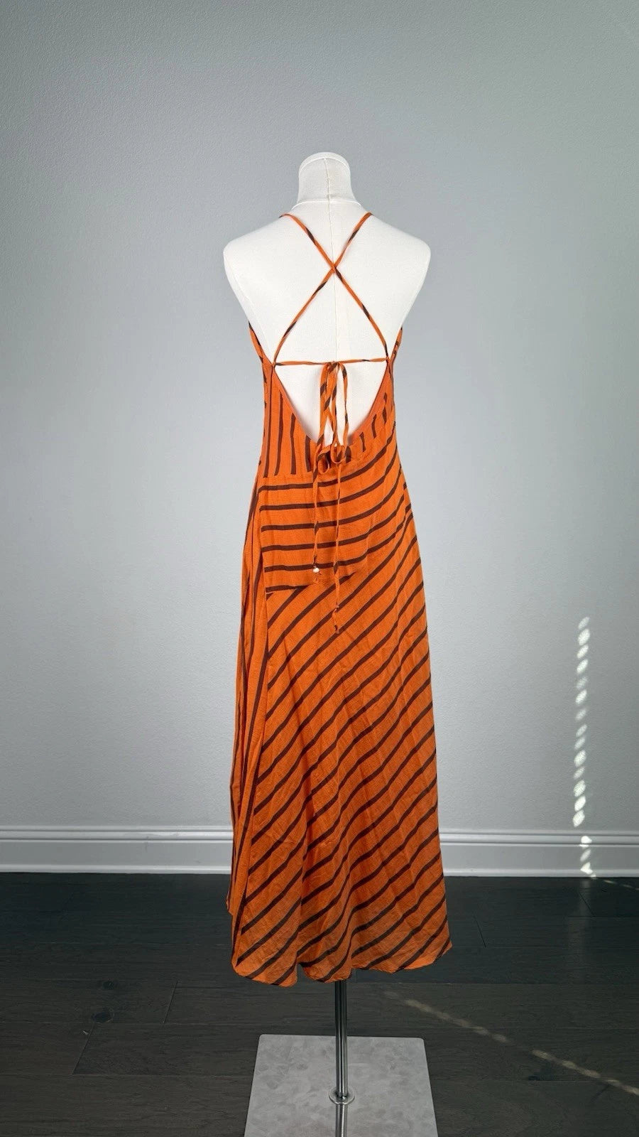 Women’s Orange Black Striped Cowl Neck Backless Maxi Dress Side Slit Size M