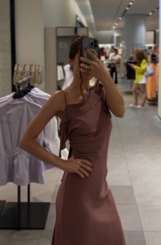 ZARA Women’s Mauve One-Shoulder Ruffle Satin Maxi Dress Open Back Size S&M