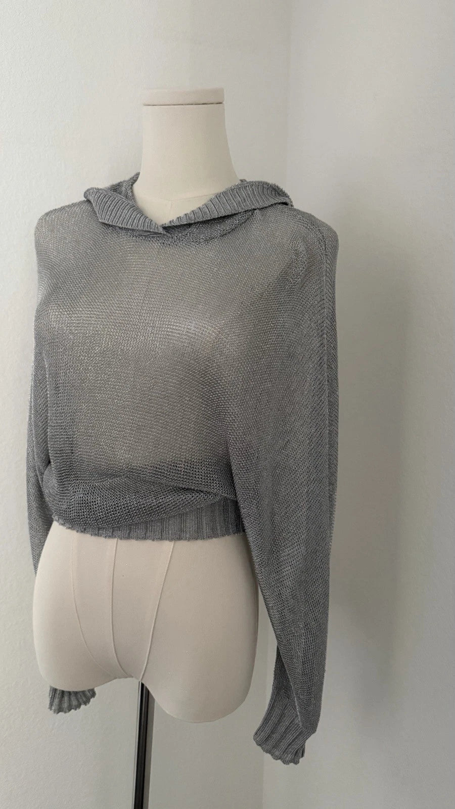 ZARA Metallic Silver Open Knit Cropped Hoodie Sweater Size S