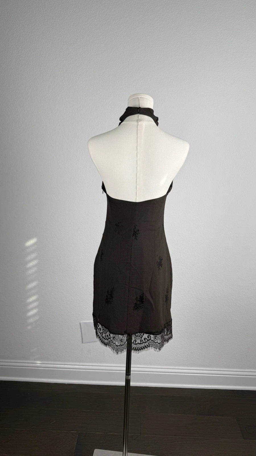 ZARA Brown Floral Halter Mini Dress Lace Lined Side Slit Zip Size S NWT