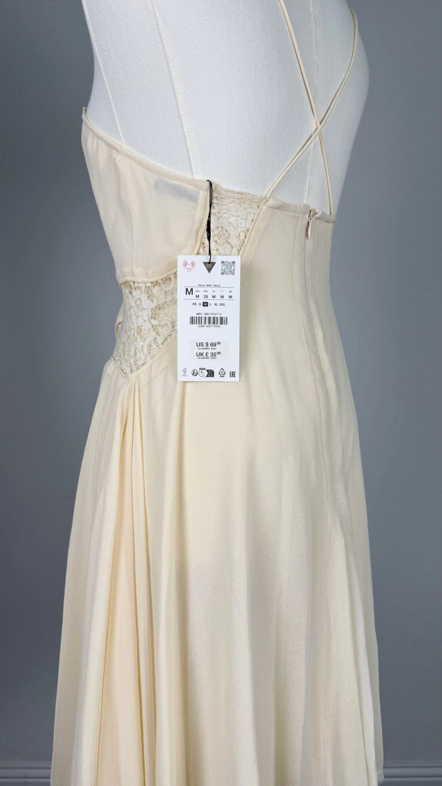 ZARA Women’s Cream Lace Lined Fit & Flare Sweetheart Dress Zip Straps Size S M
