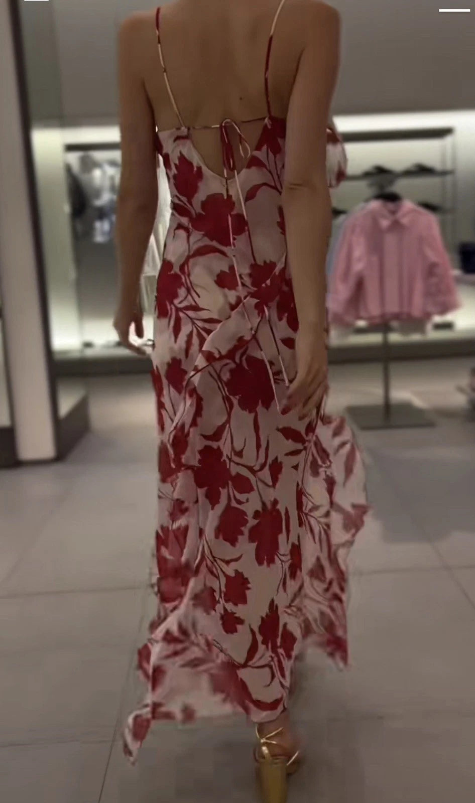 ZARA White Red Floral Chiffon Maxi Dress Square Neck Ruffle Back Tie Size S