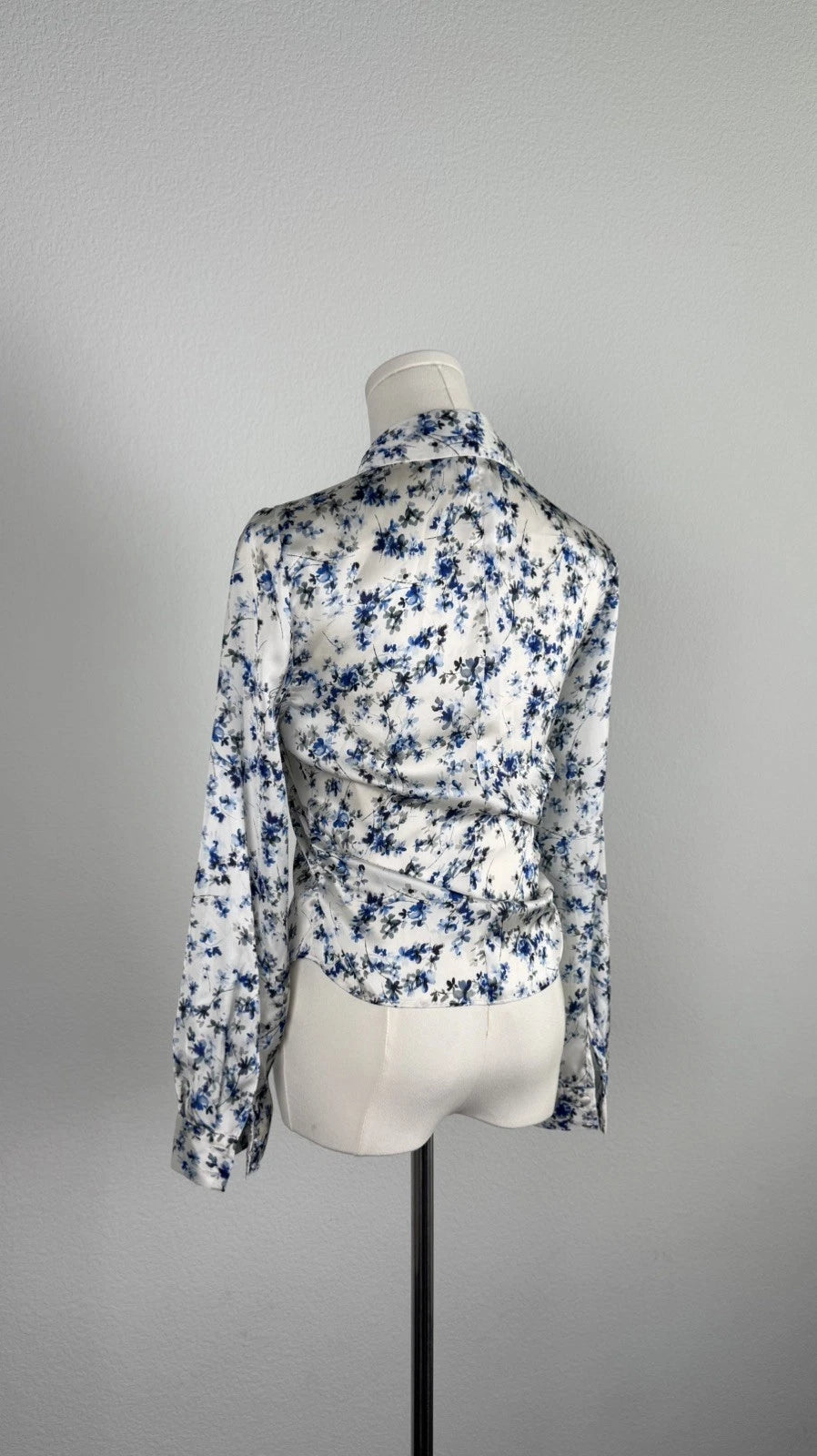 ZARA Blue White Floral Satin Fitted Shirt Blouse Size S 2580/126