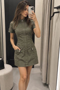 ZARA Women’s Green Mini Dress Zip Front Stand Collar Cotton Pockets Size S/M