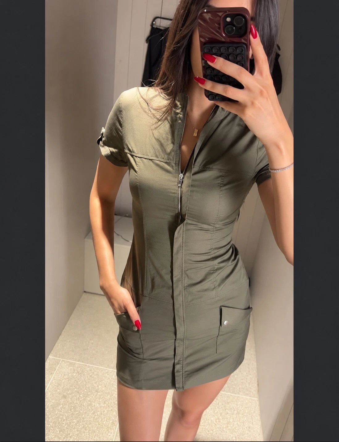 ZARA Women’s Green Mini Dress Zip Front Stand Collar Cotton Pockets Size S/M
