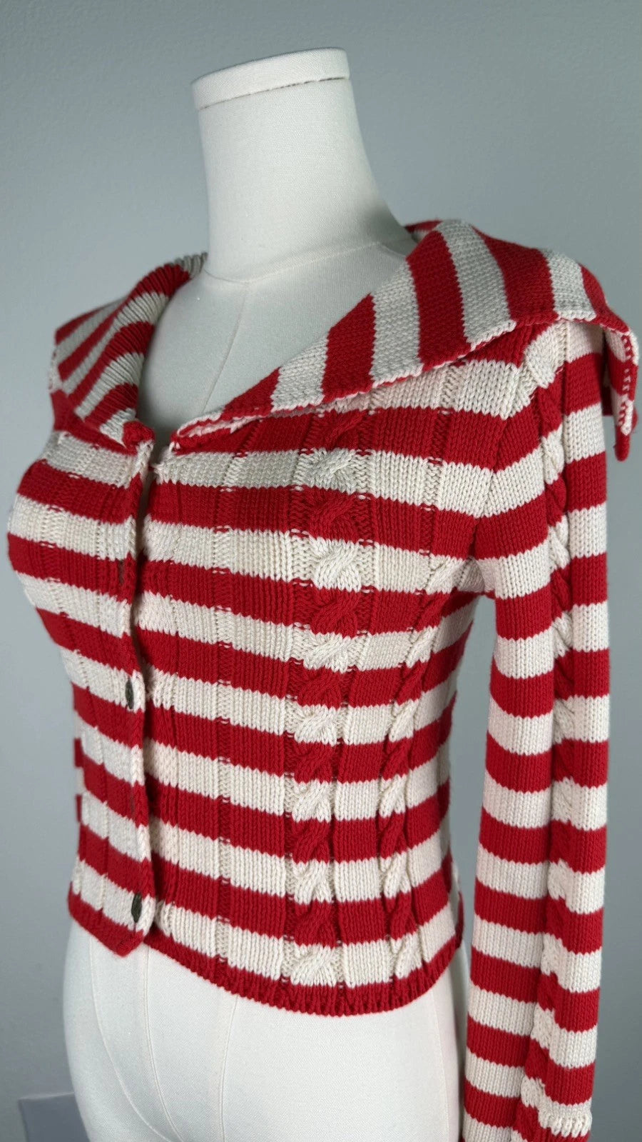 ZARA Women's Red Cream Striped Knit Cardigan XS Wide Collar Button Front NWOT