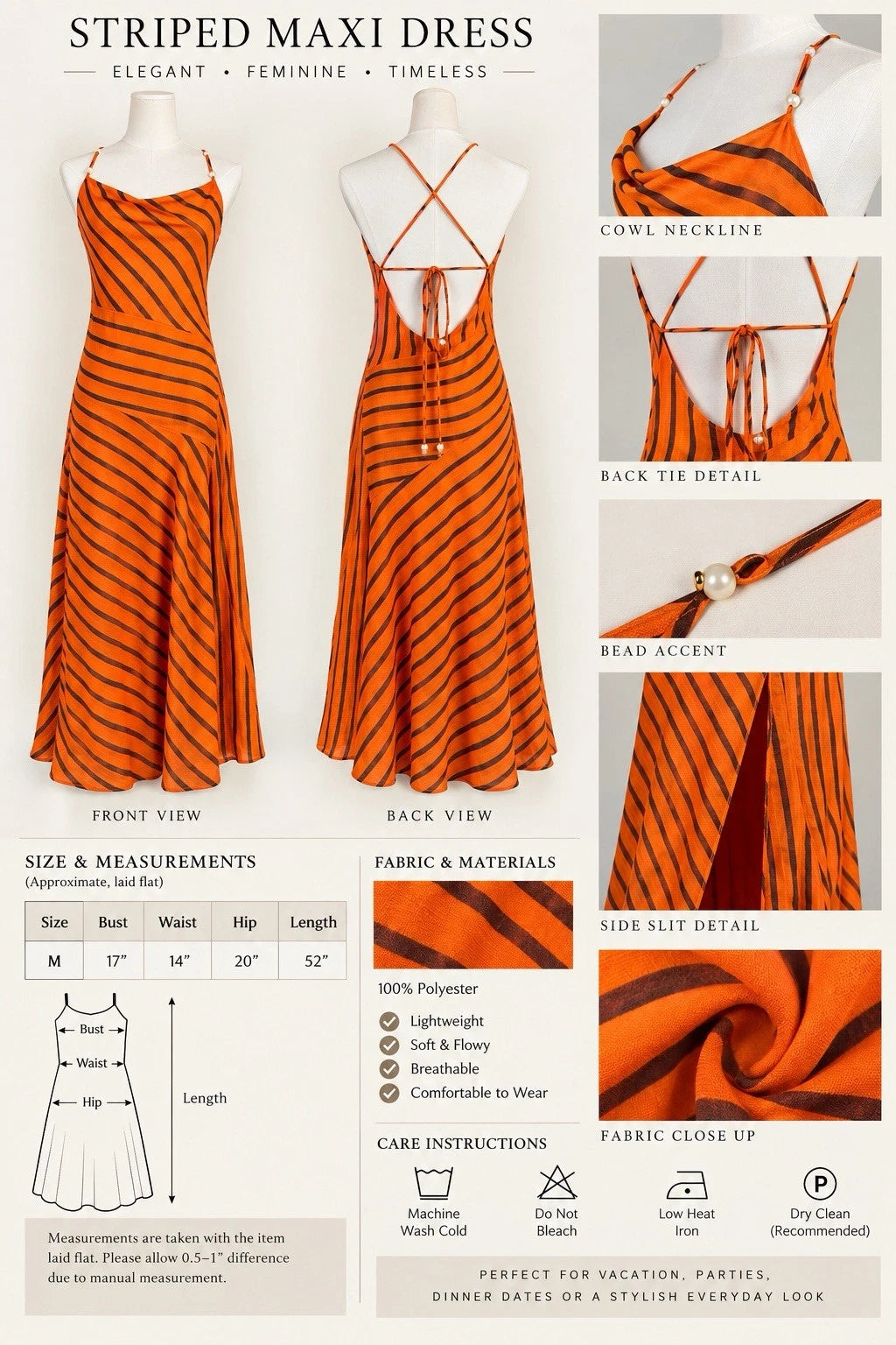 Women’s Orange Black Striped Cowl Neck Backless Maxi Dress Side Slit Size M