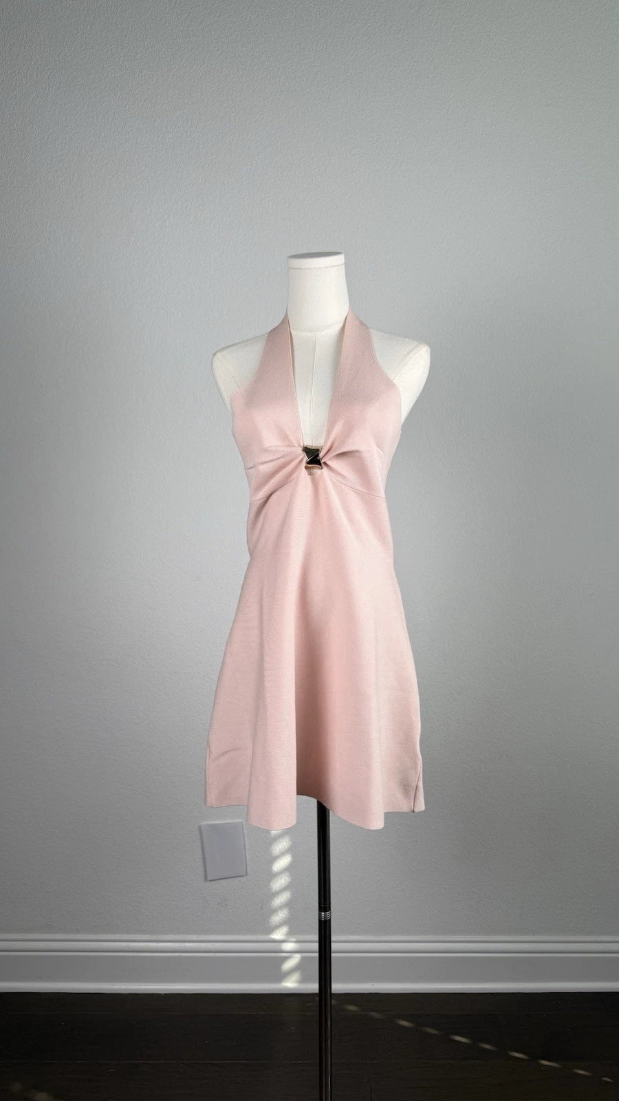 ZARA Pink Halter Open Back Knit A-Line Mini Dress Metal Accent Size M